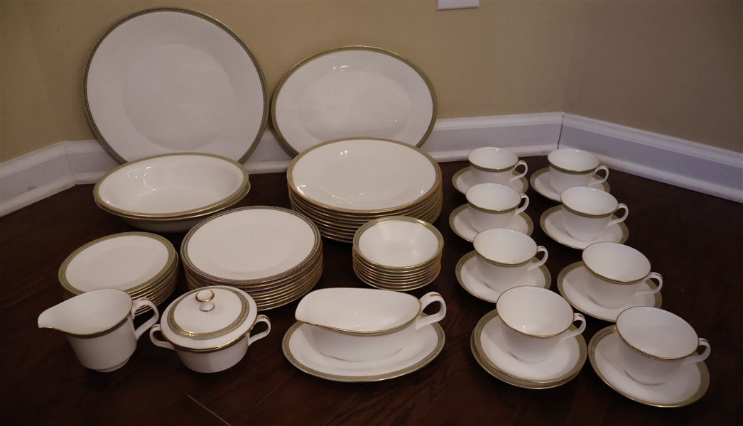 58 Pieces of Minton "Milford" China  -9 Place Settings  - Appears Un-used - Including Serving Pieces, 13" Round Platter, 12 1/2" by 9" Oval Platter, Gravy Boat, Cream and Sugar, Serving Bowls,...