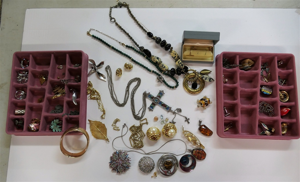 Large Lot of Costume Jewelry and Some Sterling Silver including Long Sterling Necklace, Cross Pendant, Green Beaded Necklace, Clip On Earrings, Pins, Turtle Pin, Scarf Enhancers, Pendants, and More