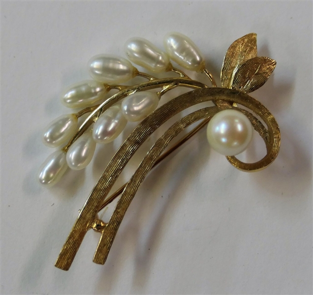 14kt Yellow Gold and Pearl Brooch - Measures 2" Long - Weighs 6 Grams