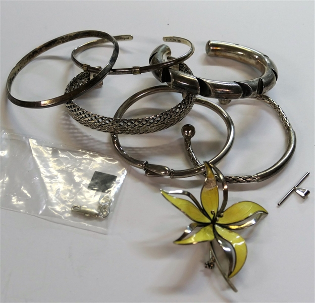 Lot of Sterling Silver Bracelets and Clasps including Norway Brooch ( Missing Some Enamel), Mexico Sterling Bangles, and 1 Cuff Bracelet with Damage - 8 Pieces Total 