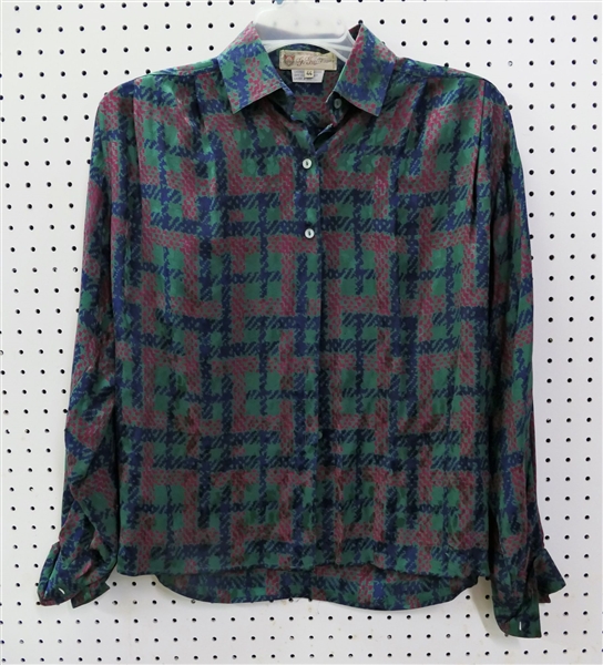 Vintage Gucci Silk Houndstooth Blouse - Size 44 - Green, Navy, and Red 