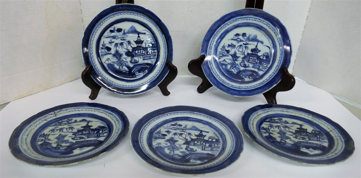 5 Antique Chinese Export Canton Plates - 3 Are Perfect - 2 Have Stapled Repairs - Each Plate Measures 7 3/4" Across