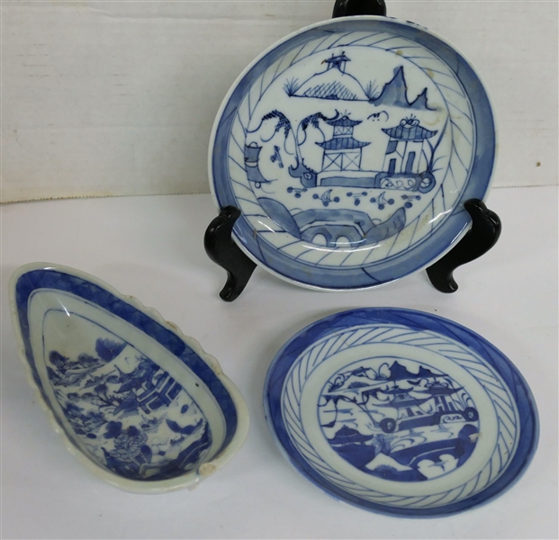 3 Pieces of Blue and White Chinese Export including 6" Low Bowl, 5" Plate, and Leaf Shaped Dish- Missing Handle