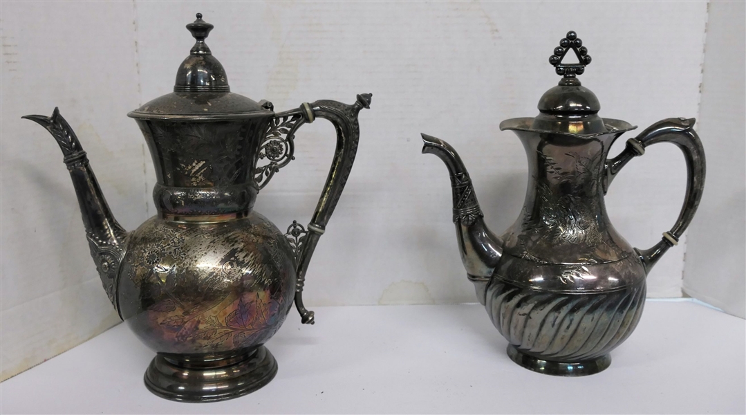 2 Beautiful Engraved Silverplate Coffee Pots - Meriden and Company 12" Tall with Engraved Birds and Derby Silver Co. With Engraved Flowers and Leaves - Measuring 11 1/2" tall 