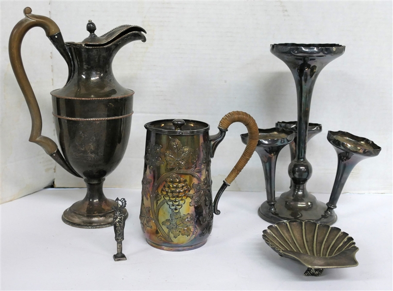 Lot of Silverplate Items including J.E. Caldwell & Co. Silverplate Pitcher with Grapes and Leaves - Woven Handle - Measures 6" Tall (Not Including Handle), Silverplate Epergne with 4 Vases Signed...