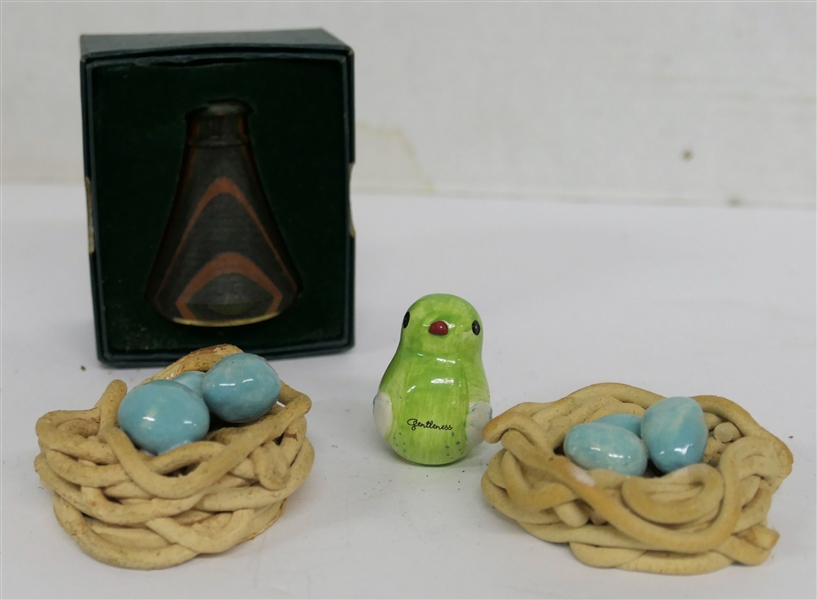 Wild Birds Unlimited Wood Kaleidoscope Viewer  in Fitted Box, 2 Art Pottery Birds Nests with Eggs, and Tiny Ceramic Bird "Gentleness" - Nests Measure 1" tall 2" Across - One Nest Signed JRW