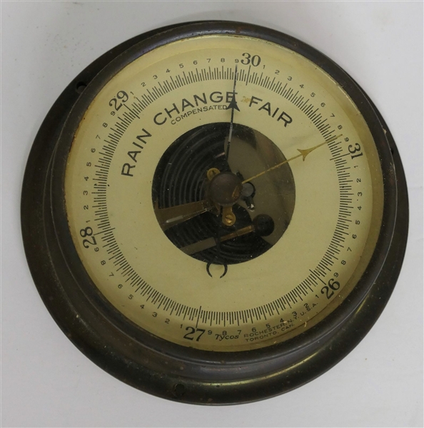 Tycos Barometer - Rochester NY and Toronto, Can. - Brass Framed - Measuring 7 1/2" Across 2 1/2" Deep 