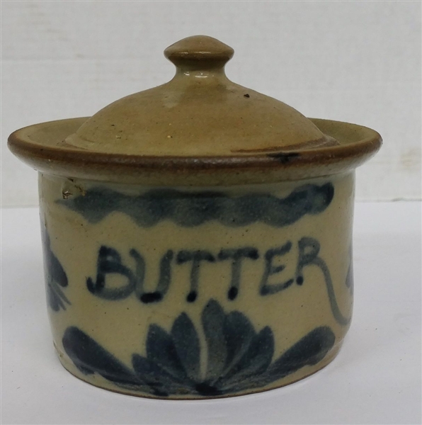 Blue Decorated Butter Crock with Lid - Measures 4 1/2" Tall 6 1/2" Across