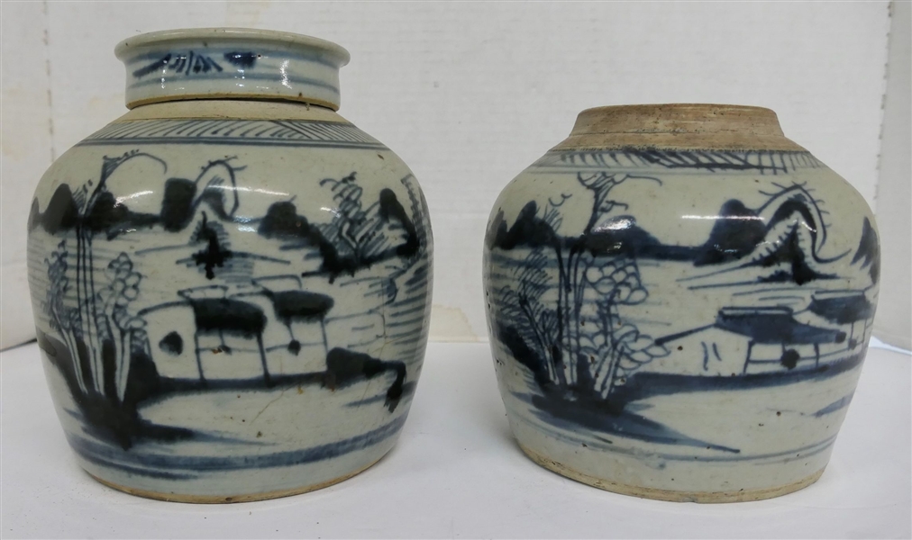 2 Antique Chinese Export Blue and White Canton Ginger Jars - Measuring 7" With Lid and 6 1/4" Without - 1 Lid is Missing 