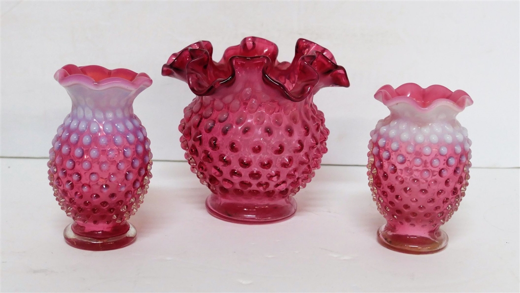 3 - Cranberry Hobnail Ruffled Edge Vases -Tallest Vase Measures 5 inches, Smaller Vases 4 inches tall