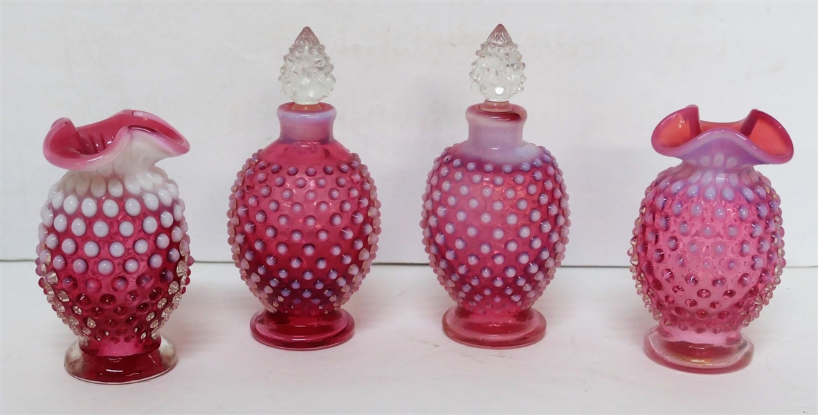 4 Cranberry Hobnail-Dresser Bottles, 2 With Stoppers and 2 - 4" With Ruffled Tops