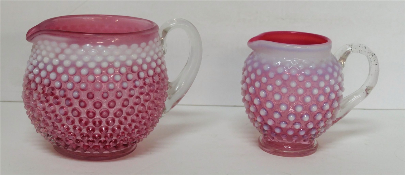 2 - Cranberry Hobnail Squatty Pitchers-Largest Measures 5 inches tall, 5 inches wide