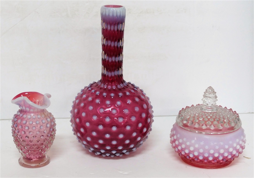 Cranberry Hobnail Tall Vase Stamped Czechoslovakia, Cranberry Hobnail Powder Jar, and  Small Hobnail Vase-Tall Vase 9 inches tall