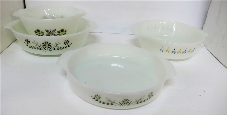 4 Glass Baking Dishes Including 7 inch Meadow, Anchor Hocking Bowl, and Other Baking Dish
