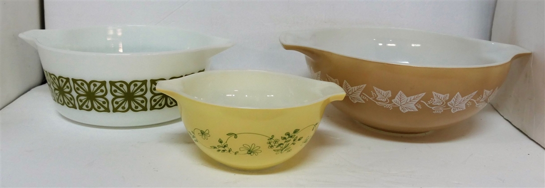 2 Pyrex Mixing Bowls and  One Baking Dish- Largest Ivy Bowl 13 inches Handle to Handle