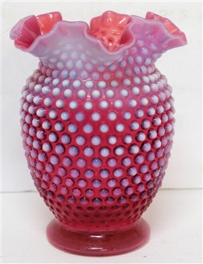 Cranberry Hobnail Vase Ruffle Edge 8 inches tall 6 inches across