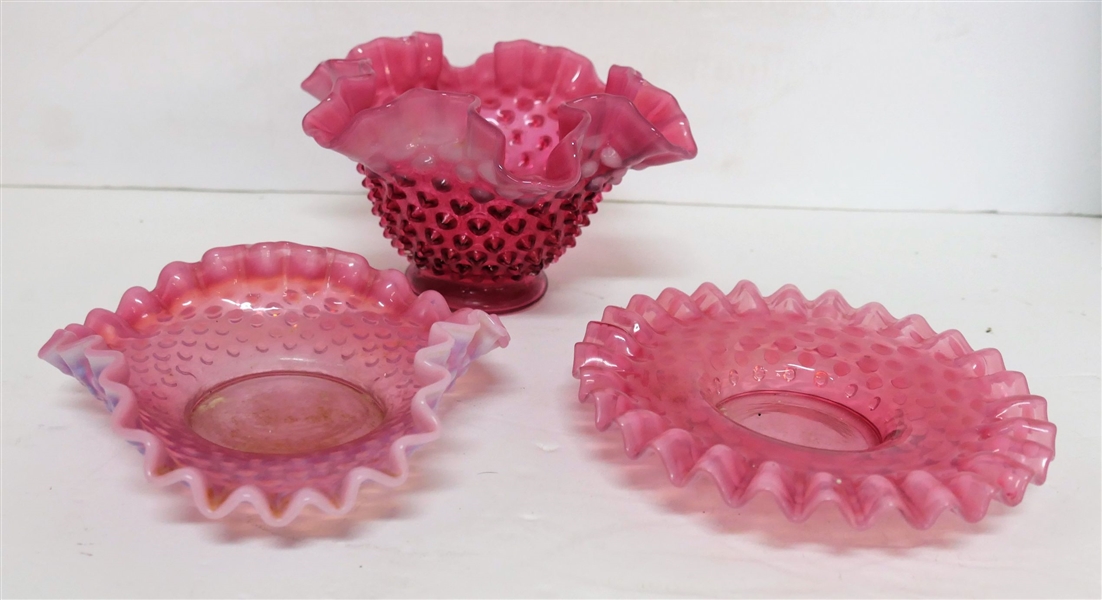 3 Pieces Cranberry Hobnail Glassware - Vase, Ruffled Edge Low Bowl, and Plate - Vase Measures 4" Tall
