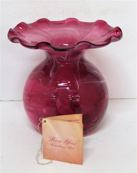 Rose Glass "Cranberry Mist" Art Glass Vase  with Original Tag - Measures -6 inches tall 6 inches across 