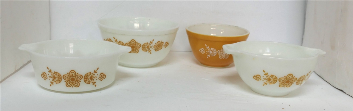 4 Pyrex Bowls "Butterfly Gold" Pattern - Smallest Bowl Measures 5 3/4" across