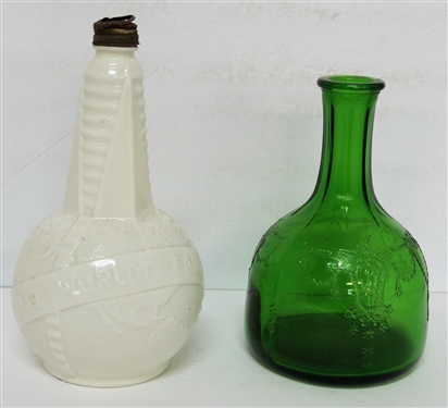 Green Whitehouse Vinegar Ballerina Bottle - Measuring 8 1//2 inches tall and 1939 Worlds Fair Milk Glass Bottle 9 inches tall