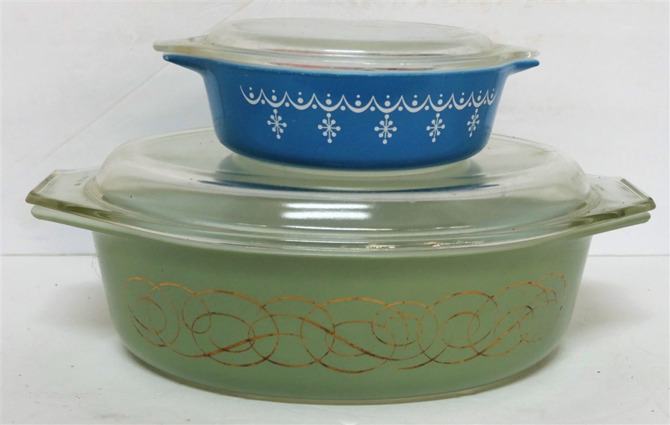 Blue Pyrex Snowflake Garland 1 Pint Casserole with Lid and Larger Oval Pyrex Baking Dish with Lid - Sage Green with Gold Decoration 