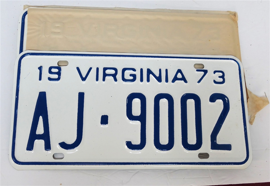 Matching Pair of Mint 1973 Virginia License Tags - In Original Outer Wrapping Paper-Unused 