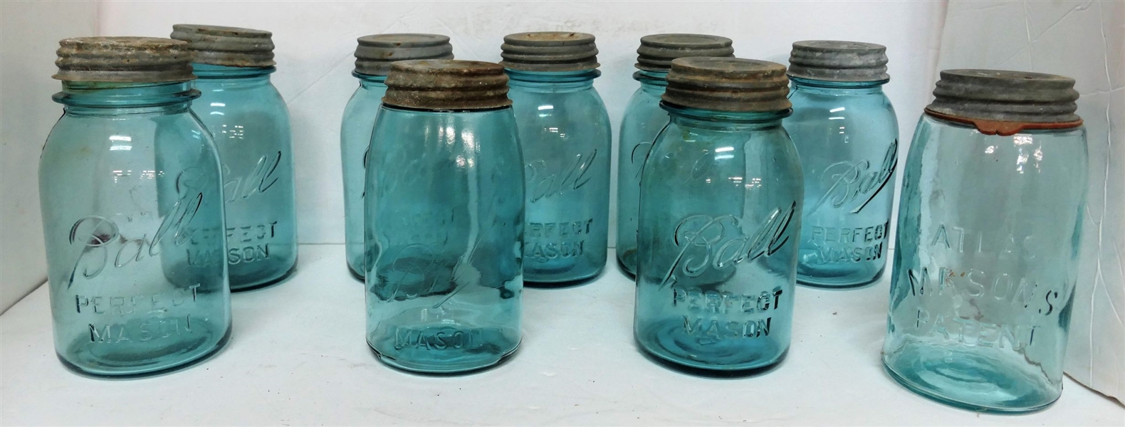 9 Blue Mason Quart Jars with Zinc Lids - - 8 Ball and 1 Atlas