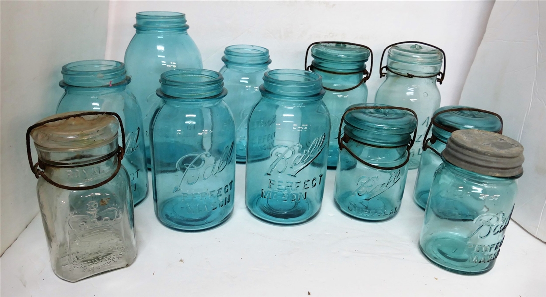11 - Canning Jars - 1- Square Royal Pint Jar, 6- Blue Quart Ball Jars , 2 With Glass Tops, 3-Pint Blue Ball Jars, 2 Glass Tops, 1 Zinc Lid, 1-Blue Half Gallon Ball Jar, 1-Large Zinc Lid