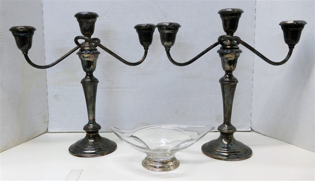 Pair of Gorham Silverplate 3 Branch Candelabras and Divided Etched Bowl with Wallace Sterling Silver Foot