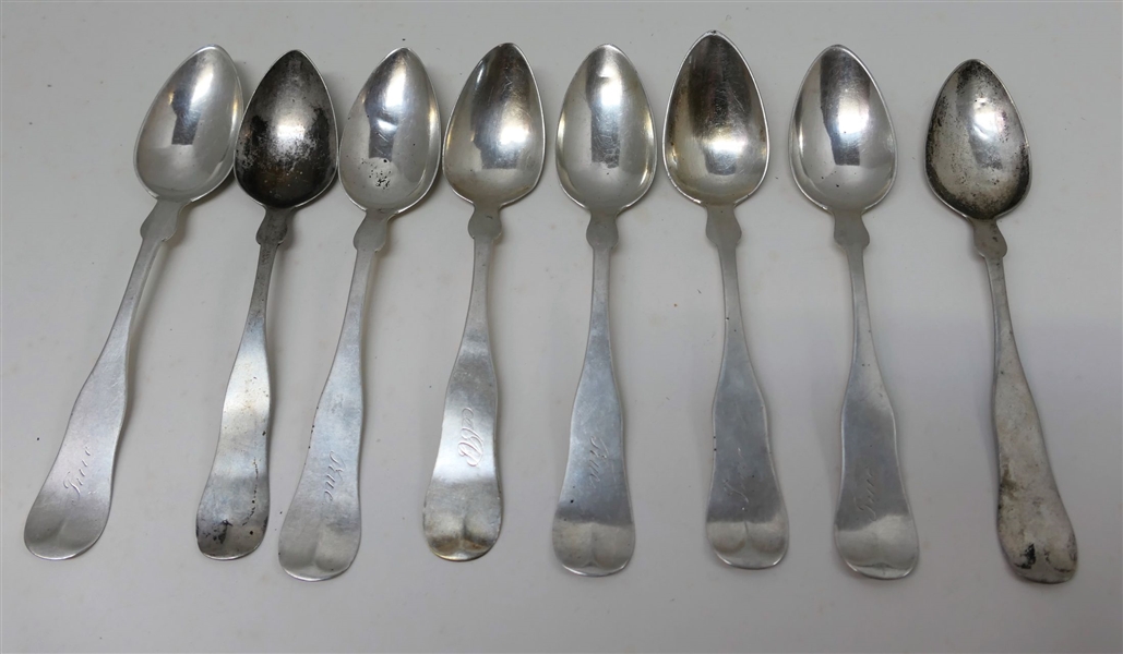 8 Coin Silver Spoons-Makers include Z.S. Patten., H.H. Lad, Z. Smith, J. Bailey- Weight 137.4 Grams
