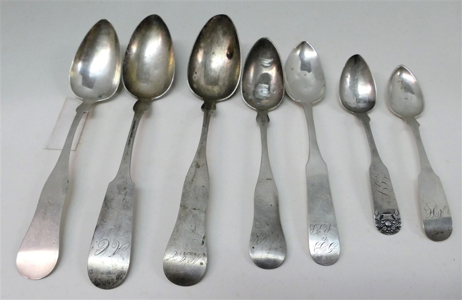 7 Coin Silver Spoons-Makers include J. Emery, F.A. Davis, E. Rouse Jr, B.M. Swan, E.T. Pell, Rigden Standard, One Unsigned -Weight 187.3 Grams