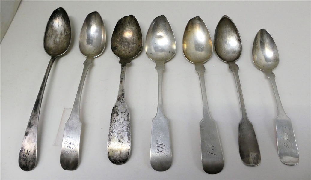 6 Coin Silver Spoons and 1 800 Silver Spoon- Coin Makers Include-D. Holland, Scovil Willey & Co., 2-S Hoyt, Pearl S., D.S. Jennings - 800 Silver Spoon Inscribed and Dated 1885 - Total Weight 335.5...