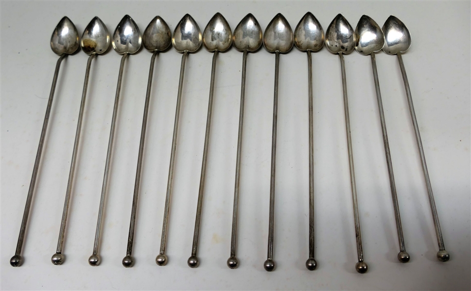 12 Sterling Silver Julep/Iced Tea Spoon/Straws - Heart Shaped Bowls- Weight 136.4 Grams