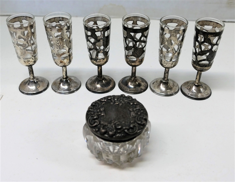 6-Mexican Sterling Silver Framed Cordials with Glass Inserts and Crystal Dresser Box with Sterling Silver Lid - Some Rough Places on Crystal Dresser Jar - (See Photos) 