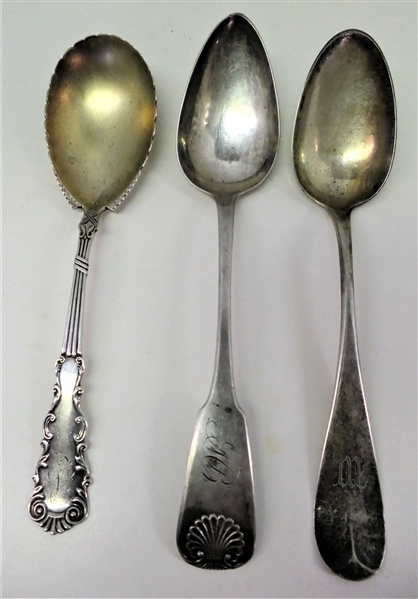 3-Large Sterling Silver Spoons-Makers W.M.B. Durgin, T&H With Hallmarks, 1-Unsigned - All 3 are Monogrammed - Total Weight 143 Grams