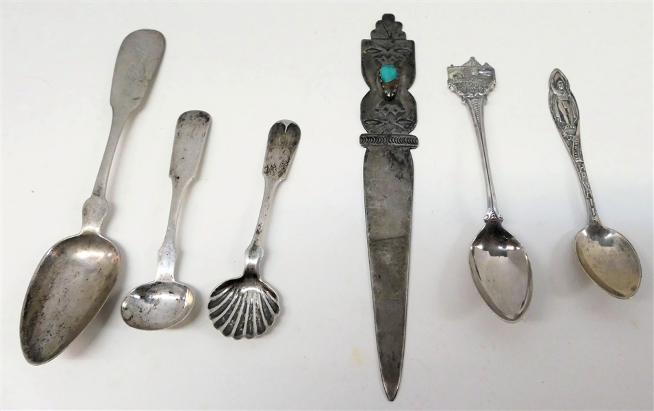 3 Coin Silver Spoons, 2 Sterling Silver Souvenir Spoons, and 1-Sterling Silver Native American Letter Opener With Turquoise-Total Weight 80.5 Grams