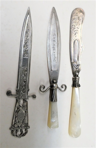 3 Sterling Silver Bookmarks -2 With Mother of Pearl Handles, One is Souvenir of RMS Megantic, Other is 900 Silver Stamped Industria Argentina 