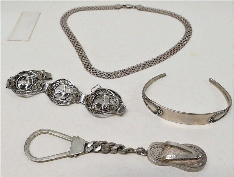 Lot of Silver Items including 16 InchItalina  Sterling Silver Necklace, 800 Silver Bracelet with Llamas, Gorham Sterling Silver Cuff Bracelet, and Sterling Silver Flip-Flop Keychain