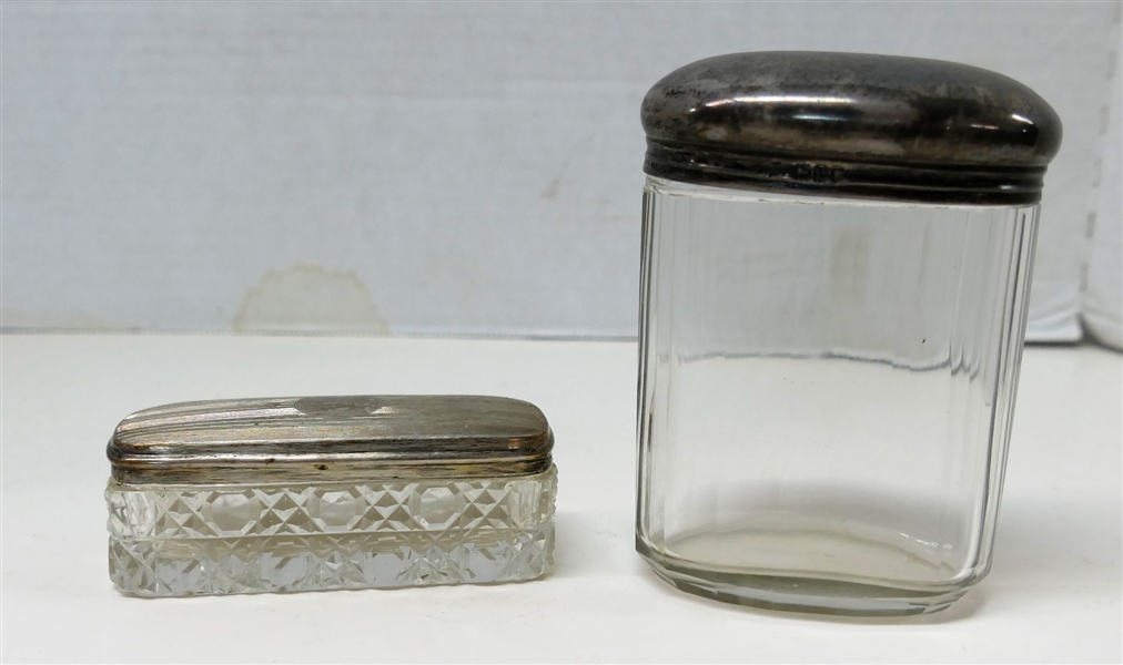 2 Glass Dresser Boxes with Hallmarked  Sterling Silver Tops