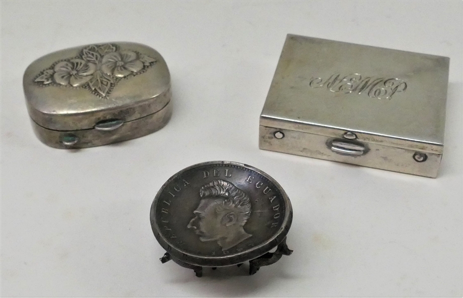 2-Small Sterling Silver Pill Boxes and Stand Made From 1897 Ecuadorian Coin with Llama Legs for Stand 1 1/2 inches wide, 1 inch tall - Rectangular Box is Monogrammed, Floral Decorated Pill Box...