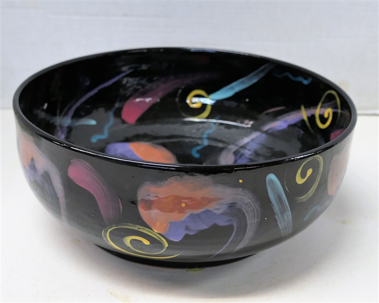 Colorful Studio Art Pottery Bowl Signed Chytn? Black with Colorful Designs- Measures 4 1/2" Tall 11" Across