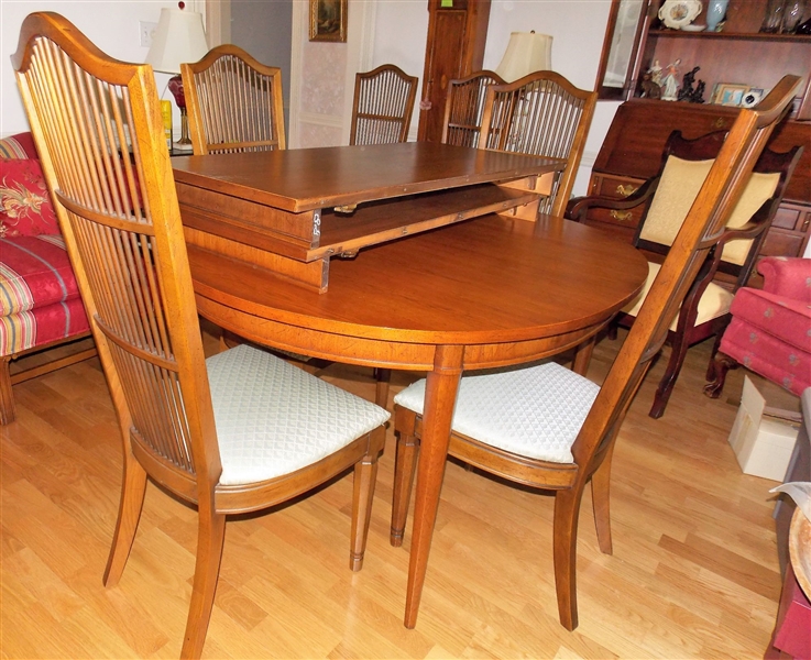 Henredon "Custom Folio Three" Oak Dining Table with 2 Leaves and 6 Chairs  - Light Blue Shell Upholstered Seats - 2 Captains  - Table Measures 29 1/4" tall 52" by 45" Leaves Measure 20"