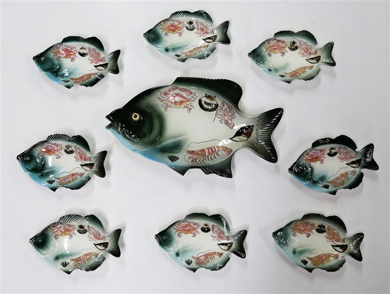 Lefton China 9 Piece Fish Set - 18" Fish Platter and 8 9" Plates - 3 Plates Have Some Minor Paint Flakes on Edges 