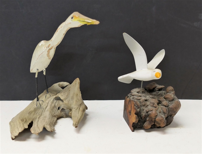 2 Handcarved and Hand Painted Birds - Heron Bird Has Some Paint Missing - Measures 5 1/8" Tall - Sea Gull - Signed on Bottom -See Photo 