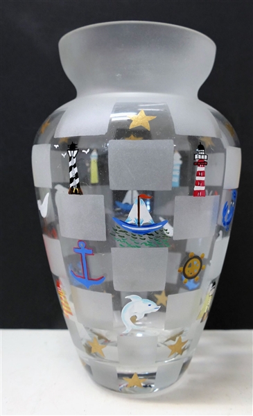 9" Lenox Hand Painted Nautical Vase - Signed P.K.P on Bottom - Hand Painted with Light Houses, Crabs, and Stars