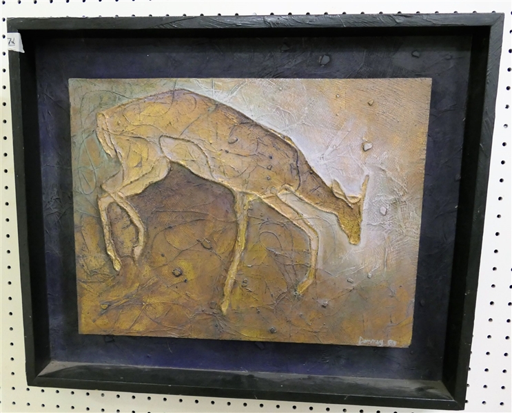 Denney Artist Signed and Dated Impasto Deer Painting on Board - Framed in Boxed Wood Frame - Wood Backed - Frame Measures 20 1/2" tall by  24 1/2"