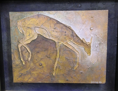 Denney Artist Signed and Dated Impasto Deer Painting on Board - Framed in Boxed Wood Frame - Wood Backed - Frame Measures 20 1/2 tall by  24 1/2