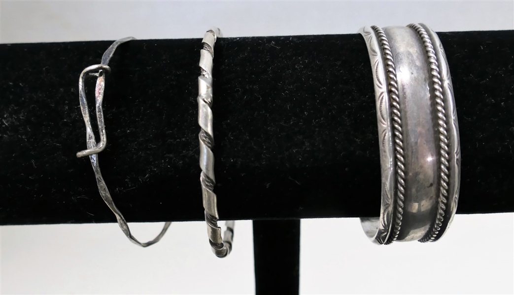 3 Sterling Silver Bracelets- 2 Dainty Bangles and 1 With Hand Engraved Decoration 