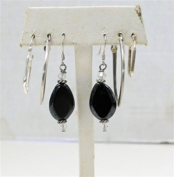 3 Pairs Sterling Silver Pierced Earrings - Oval Hoops, Square Hoops, and Drops with Black Stones