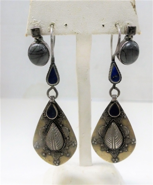 2 Pair Sterling Silver Pierced Earrings - Round with Stones and Drop Earrings with Blue Enamel Details 